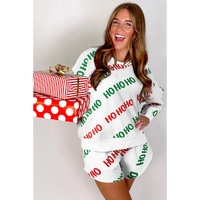 White Christmas HOHOHO Print Drop Shoulder Pullover and Casual Shorts Set - L thumbnail