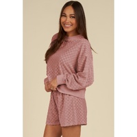 Blossom Checkered Textured Long Sleeve Top and Shorts Set - L thumbnail