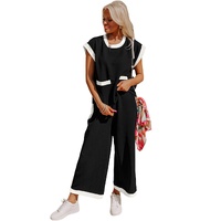 Black Color Block Pocketed T Shirt and Wide Leg Pants Set - S thumbnail