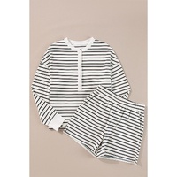 Black white Stripes Printed Half Button Long Sleeve Top and Shorts Set - L thumbnail