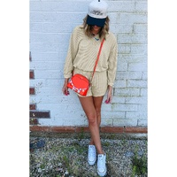 Parchment Textured Buttoned Long Sleeve Top 2 Piece Shorts Set - XL thumbnail