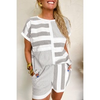 Gray Stripe Mixed Print Short Sleeve Top and Pocketed Shorts Set - M thumbnail