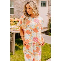 Orange Vibrant Floral Printed Short Sleeve Top 2 Piece Pants Set - L thumbnail