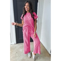 Bright Pink Solid Corded Knit Short Sleeve T Shirt and Wide Leg Pants Set - L thumbnail
