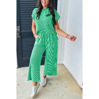 Bright Green Solid Corded Knit Short Sleeve T Shirt and Wide Leg Pants Set - M thumbnail