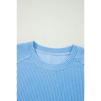 Blue Solid Corded Knit Short Sleeve T Shirt and Wide Leg Pants Set - XL thumbnail