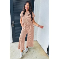 Smoke Gray Solid Corded Knit Short Sleeve T Shirt and Wide Leg Pants Set - L thumbnail