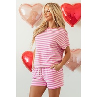 Rose Stripe Crew Neck T Shirt and Drawstring Shorts Set - XL thumbnail