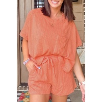 Pale Chestnut Textured Patched Pocket Short Sleeve Top Drawstring Shorts Set - L thumbnail