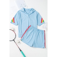 Sky Blue Rainbow Colorblock Collared Short Sleeve Top 2 Piece Shorts Set - XL thumbnail