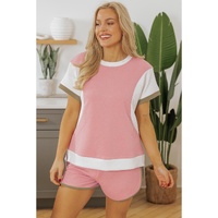Pink Textured Colorblock Patchwork Tee Two Piece Shorts Set - L thumbnail