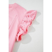 Pink Textured Pearled Ruffled Sleeve Wide Leg Pants Set - L thumbnail