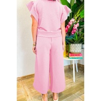 Pink Textured Ruffled Sleeve Zipped Top and Wide Leg Pants Set - L thumbnail