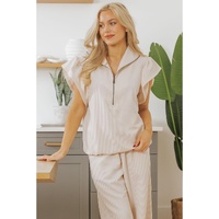 Apricot Textured Ruffled Sleeve Zipped Top and Wide Leg Pants Set - M thumbnail