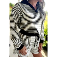 Black Stripe Collared Long Sleeve Top and Drawstring Shorts Set - XL thumbnail