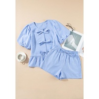 Sky Blue Striped Bowknot Detail Puffy Sleeve Top and Shorts 2Pcs Set - XL thumbnail