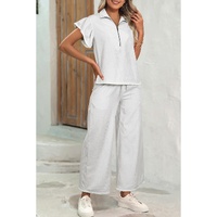 Gray Stripe Zipped up Collar Ruffled Sleeve Tee and Wide Leg Pants 2pcs Outfit - M thumbnail
