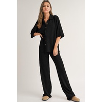 Black Solid Color Textured Buttoned Shirt and Casual Pants Set - M thumbnail