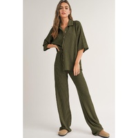 Four Leaf Clover Solid Color Textured Buttoned Shirt and Casual Pants Set - M thumbnail
