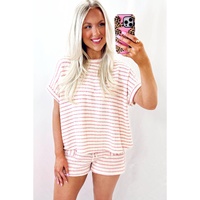 Pink Stripe Knitted Short Sleeve Top and Drawstring Shorts Set - XL thumbnail