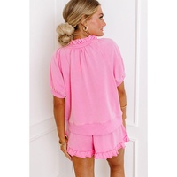 Pink Half Zip Puff Sleeve Top and Ruffled Shorts Set - S thumbnail