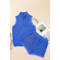 Sky Blue Corded Collared Half Zip Tank Top Two Piece Shorts Set - XL thumbnail