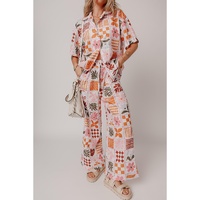 Orange Plant Checkered Print Collared Shirt and Wide Leg Pants Set - L thumbnail