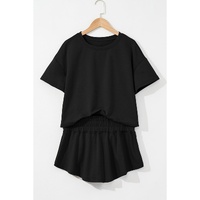 Black 2pcs Cropped Tee and Ruffle High Waist Skort Set - L thumbnail