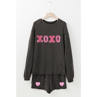 Carbon Grey XOXO Heart Patched Pattern Long Sleeve Corded Shorts Set - S thumbnail