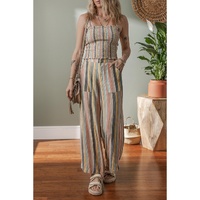 Multicolour Vertical Striped Smocked Cami Top Wide Leg Pants Set - L thumbnail