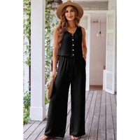 Black Buttoned Vest Drawstring Wide Leg Pants 2pcs Set - XL thumbnail