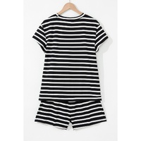 Black White Striped Short Sleeve Top and Shorts Set - L thumbnail