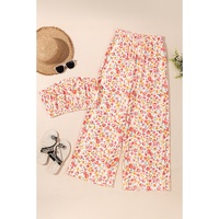 Pink Boho Floral Bandeau Top and High Waist Wide Leg Pants Set - M thumbnail