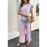 Pink Corded Colorblock Patchwork Short Sleeve Top and Loose Pants Set - M thumbnail