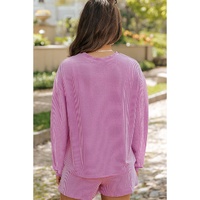 Phalaenopsis Bowknot Patched Pattern Corded Long Sleeve Top and Shorts Outfit - L thumbnail