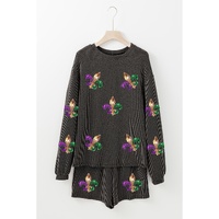 Carbon Grey Mardi Gras Fleur de Lis Patched Corded Long Sleeve Top and Shorts - M thumbnail