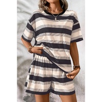 Black Stripe Short Sleeve T Shirt and High Waist Pocketed Shorts Set - M thumbnail