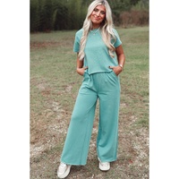 Mint Green Raglan Short Sleeve Tee and Wide Leg Pants Set - L thumbnail