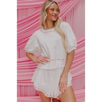 White Contrast Bow Trim Pearl Puff Sleeve Blouse and Skort 2pcs Set - L thumbnail