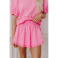 Pink Contrast Bow Trim Pearl Puff Sleeve Blouse and Skort 2pcs Set - L thumbnail