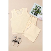 Beige Solid Color Tank Top and Smocked Waist Pants Set - S thumbnail