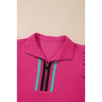 Strawberry Pink Striped Detail Flutter Sleeve Zipped Collar Short Set - L thumbnail