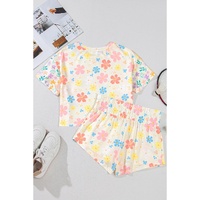 Apricot Floral Print Crop Top Wide Leg Short Set - M thumbnail