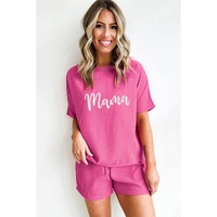 Rose Red Waffle mama Embroidered Tee and Drawstring Shorts - S thumbnail