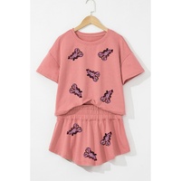 Blossom Sequined Lobster Patched Crop Tee and High Waist Short Set - L thumbnail