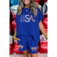 Sky Blue Sequined USA Bowknot Buttoned Back Textured Short Set - XL thumbnail