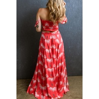Red Floral Shirred Off Shoulder Crop Top and Slit Maxi Skirt Set - S thumbnail