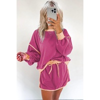 Rose Red Color Contrast Loose Pullover and Lace-up Waist Skort Set - S thumbnail