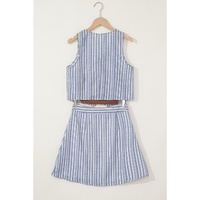 Sky Blue Stripe Buttoned Office Waistcoat Mini Skirt Set - L thumbnail