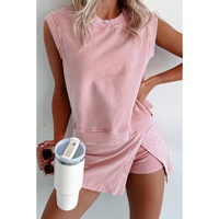 Light Pink 2 Pieces Mineral Wash Cotton Tank Top Lined Split Skirt Set - M thumbnail